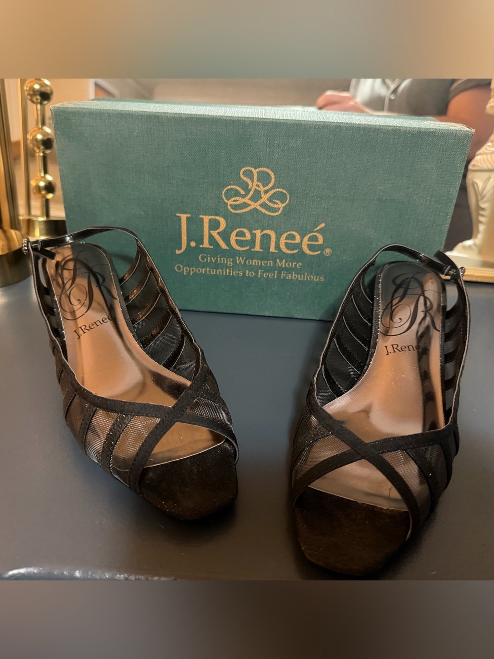 J.Renee Black Sparkle Strappy Peep-Toe Heels